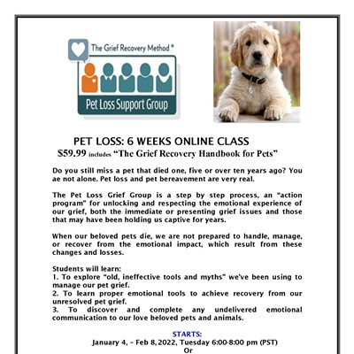 PET LOSS CLASS: 6 - WEEKS ON LINE - BOOK INLCUDED $59.99