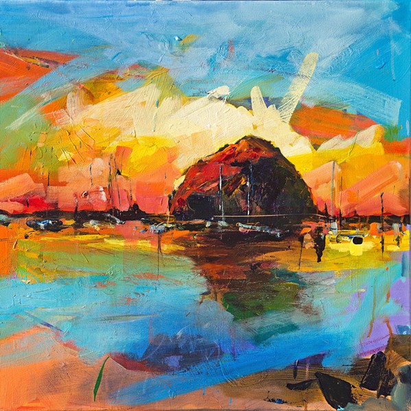 SUNSET AT THE ROCK SLO Town's Drew Davis, a Best Visual Artist winner in the New Times Readers' Poll, has offered this colorful 24-by-30-inch oil of Morro Rock. - COURTESY IMAGE BY DREW DAVIS