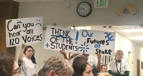 THE IMPACTS Paso Robles community members, students, and teachers attended a board meeting on March 10 to protest millions of dollars’ worth of cuts to faculty, staff, and classes in the Paso Robles Joint Unified School District. - FILE PHOTO BY KASEY BUBNASH