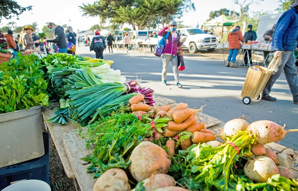 DIFFERENT PLAYING FIELD Although the Downtown SLO Farmers' Market has been on hold for nearly 10 months, smaller day markets, such as the Monday afternoon market in Los Osos (pictured), continue to operate with safety precautions in place. - PHOTO BY JAYSON MELLOM