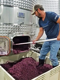 DIG IT Winemaker Jeff Huskey shovels skins following fermentation. Stay tuned for the future release of his 2019 vintage of 100 percent petit verdot. - PHOTO COURTESY OF RAGTAG WINE CO.