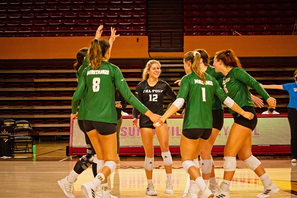 TEAMING UP The Cal Poly women's volleyball team missed out on a year's worth of games because the Big West Conference canceled the fall 2020 season due to the pandemic. - PHOTOS COURTESY OF CAL POLY ATHLETICS COMMUNICATIONS