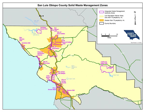 WAIVED One of the things SLO County did after splitting with the Integrated Waste Management Authority was apply for waivers from SB 1383 compliance for areas of the county with populations of fewer than 75 people per square mile. - MAP COURTESY OF SLO COUNTY