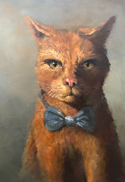 WHO PUT THIS ON ME? For Susan Schafer's rich oil painting, she wanted the cat "to be sweet, but then I thought about how some people like to dress their animals, whether the animals like it or not." - IMAGE COURTESY OF STUDIOS ON THE PARK