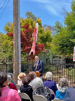 PAYING TRIBUTE Jim Brabeck, a longtime friend of the Eto family, spoke at the May 12 Eto Park rededication. - PHOTO BY MALEA MARTIN