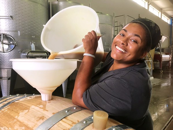 LESSONS IN LEES Justin Trabue has traveled throughout the world honing her craft. In March 2022 she learned the importance of lees, or residual yeast, integration while working at Almenkerk Wine Estate in Elgin, South Africa. - PHOTO COURTESY OF WARD FOUR WINES