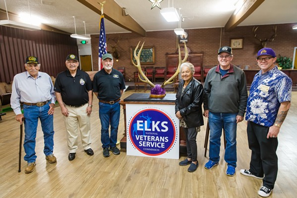BEST VETS SUPPORT (left to right) Bob Amaral, Steve Sales, Jack Ravin, Yvonne Hampton, Randy Arseneau, Shane Bagnall, and 2,400 other members make up Elks Lodge No. 322 in SLO, which gives grants and donations to community organizations every year and is a friend to veterans. - PHOTO BY JAYSON MELLOM