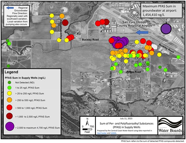 ENCIRCLED A map highlights the most concentrated PFAS (per- and polyfluoroalkyl substances) pollution with large purple circles in a cluster along Buckley Road near the SLO County Regional Airport. - MAP COURTESY OF CENTRAL COAST REGIONAL WATER QUALITY CONTROL BOARD