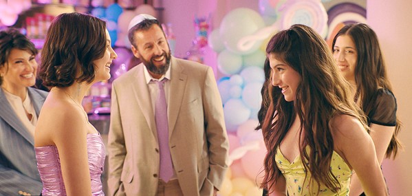 SANDLER-RAMA (Left to right) Idina Menzel, Samantha Lorraine, Adam Sandler, Sunny Sandler, and Sadie Sandler (Adam Sandler's real-life daughters), star in the coming-of-age comedy You Are So Not Invited to My Bat Mitzvah, streaming on Netflix. - COURTESY PHOTO BY NETFLIX