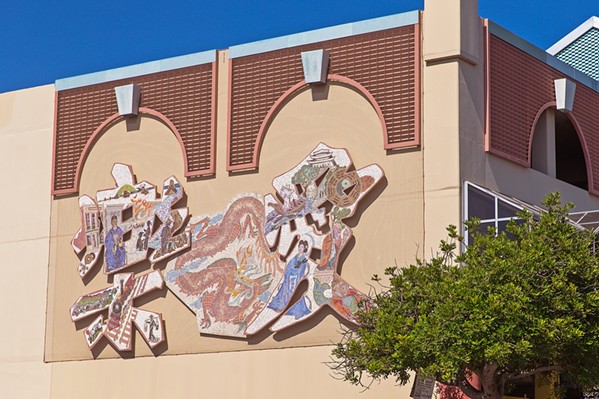 PALM PARKING The Peter Ladochy piece Love and Double Joy is located on the exterior of the Palm Street Parking structure and serves as a cultural reminder of the area's Chinese roots. - PHOTO BY JAYSON MELLOM