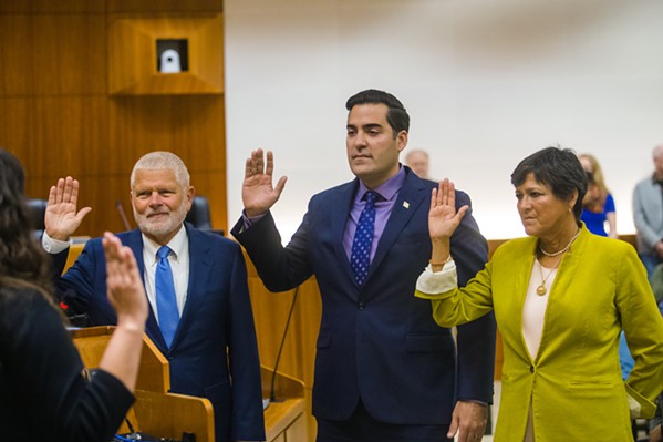 MOVE FORWARD From left to right, 2nd, 4th, and 3rd District Supervisors Bruce Gibson, Jimmy Paulding, and Dawn Ortiz-Legg recently approved pursuing state legislation to set up an independent redistricting commission for SLO County. - FILE PHOTO BY JAYSON MELLOM