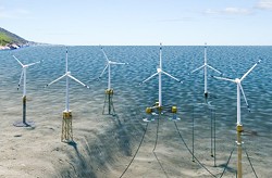 WIND ENERGY Wind turbines are planned to be placed in federal waters 20 miles off the coast of Morro Bay bolted to the ocean floor by steel structures. - RENDERING COURTESY OF BOEM