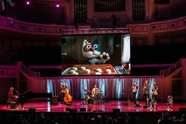 DRAWING JAZZ Performing beneath projected animated cartoons, The Queen's Cartoonists bring the cartoons to life with synchronized music, on March 8, in Cal Poly's Performing Arts Center. - COURTESY PHOTO BY MARK SHELDON