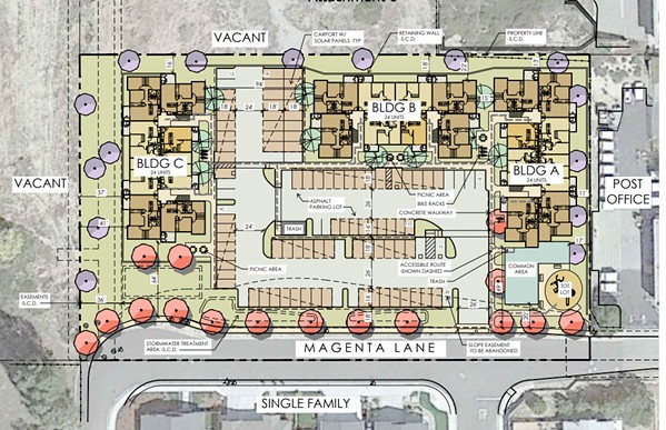 PROJECT PLANS A proposed affordable, multi-family housing development will sit on 2.57 acres on Magenta Lane in Nipomo and will have 72 units, an attached community room, on-site parking areas and amenities, and landscaping. - SCREENSHOT FROM SLO COUNTY STAFF REPORT