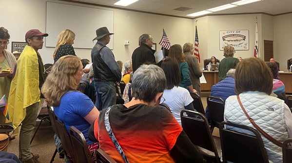 PUBLIC COMMENT During an April 23 Arroyo Grande City Council meeting, dozens of residents waited in line to give council members their opinions on why the Pride flag should or shouldn't be flown at City Hall and Heritage Square Park for the month of June. - PHOTO BY SAMANTHA HERRERA