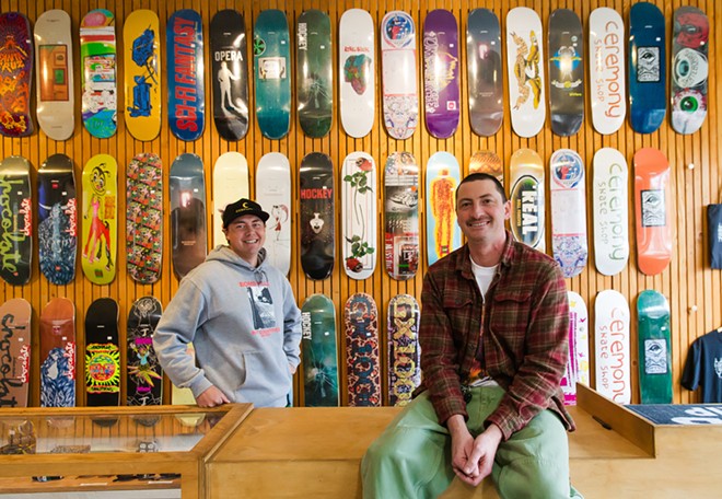 SKATER-OWNED AND OPERATED Ceremony Skate Shop owners Christian Alexander (left) and Tristan Ehrheart (right) aim to offer the finest skateboards, footwear, apparel, and accessories. Beyond that, the Best Skateboard Shop, is passionate about growing the local skateboarding community, according to the website. - PHOTO BY JAYSON MELLOM
