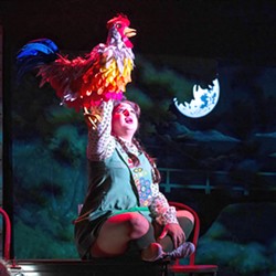 ALL-SEEING ROOSTER Lil' Sue (Natalie Mara) has a pet rooster in the Melodrama's current product of Werewolf of Arroyo Grande. The rooster is an all-seeing being that is able to telepathically speak with whoever is holding it. - PHOTOS COURTESY OF STACY HALVORSEN