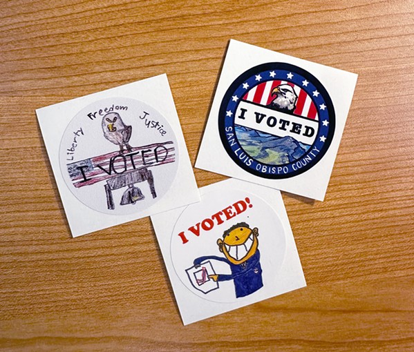 DYNAMIC TRIO Two winning "I Voted" designs and one honorable mention from SLO County students were recently announced after the county's first sticker design competition. - PHOTO COURTESY OF SLO COUNTY CLERK-RECORDER