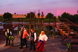 SHAKESPEARE AT TWILIGHT:  Charles Hayek, Corey Schonauer, Sean Peters, Matthew Hanson, and Krystal Kirk (left to right) rehearse Love&rsquo;s Labour&rsquo;s Lost as the sun sets on the River Oaks Amphitheatre, the outdoor stage at Paso&rsquo;s River Oaks Hot Springs. - PHOTO BY STEVE E. MILLER