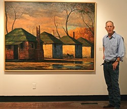 MEET THE ARTIST :  Former SLO Resident Mark Beck stands by his painting Slave Quarters (Chattel), part of a new collection of paintings hanging through July in the SLOMA. - PHOTO BY GLEN STARKEY