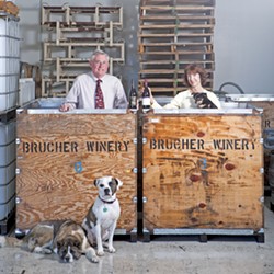 TEAM EFFORT :  Mike and Janis Schmidt own and operate the Brucher and Golden Bear wine company in Santa Maria, which help from Gracie (lying down), Pirate, and Dub (in Janis&rsquo; arms). - PHOTO BY STEVE E. MILLER