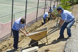 MEN AT WORK :  Inmates at the SLO County Jail&rsquo;s Honor Farm spent a day out in Santa Margarita on May 13, installing a drainage system for the Community Center as part of a pilot program to start an afterschool program for local kids. - PHOTO BY STEVE E. MILLER