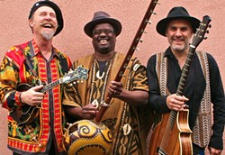 AFROMERICANA!:  (left to right) Joe Craven, Mamadou Sidibe, and Walter Strauss are Mamajowali, a new trio that mashes up African and Americana music, - playing Feb. 20 at Benedict&rsquo;s Church in Los Osos. - PHOTO COURTESY OF MAMAJOWALI