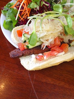 THE SMILING DOG:  Bliss Caf&eacute; in downtown SLO offers up vegan hot dogs that feel decadent, but actually rack up good karma points instead. - PHOTO BY HAYLEY THOMAS