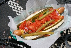 THE OTHER WINDY CITY:  The green bean-topped Chicago Dog is a popular request at Hot Dogs on Harbor in Morro Bay. The order-at-the-window eatery uses 100 percent Hearst Ranch grass fed beef in its old fashioned franks. - PHOTO BY HAYLEY THOMAS