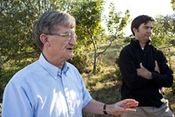 FOOD NETWORK :  Cal Poly Organic Farm&rsquo;s retired faculty adviser John Phillips (left) and sustainable agriculture proponent Terry Hooker (right) miss the connections between the community and the farmers created by the farm&rsquo;s vegetable-subscription program. - PHOTO BY STEVE E. MILLER