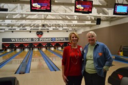 TWO FOR PRICE CANYON:  Pismo Beach City Council candidates Marcia Guthrie (left) and Sheila Blake (right) gathered on the night of Nov. 4 to bowl a few frames and track the election returns. - PHOTO BY RHYS HEYDEN