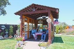 INDOORS OUTSIDE:  Sandy and Virgil Clarke&rsquo;s shed constructed by A Place to Grow offers the couple a break from the afternoon wind as well as a shady spot to enjoy some wine. - PHOTO BY JOE PAYNE