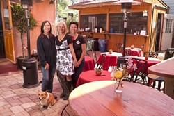WINE, FOOD AND BOOKS:  Owners (l-r Jill Knight, Lyn Nanni, and Eileen Nunes along with Willow (the dog) have recently opened a spacious indoor and outdoor wine bar that serves food and has a variety of books for sale. - PHOTO BY STEVE E. MILLER