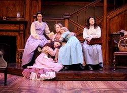 THE MARCH FAMILY:  The four March sisters&mdash;Meg (Sarah Girard, upper left), Beth (Renee Wylder, lower left), Amy (Brittney Monroe, lap), and Jo, (Karin Hendricks, far right)&mdash;and their mother (Elizabeth Stuart, center), receive a letter from a faraway Mr. March in PCPA&rsquo;s Little Women, the Broadway Musical. - PHOTO BY LUIS ESCOBAR, REFLECTIONS PHOTOGRAPHY STUDIO