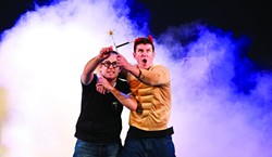 BEWITCHED, BOTHERED, AND BEWILDERED:  James Percy (glasses; left) and Delme Thomas (horns; right) are the stars of the laugh-out-loud production Potted Potter, which attempts to stuff all seven 'Harry Potter' books into 70 minutes. - PHOTO COURTESY OF CAL POLY ARTS