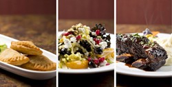 THREE FOR $30:  Here&rsquo;s a sampling of what&rsquo;s available at Novo&rsquo;s for this year&rsquo;s Restaurant Month celebration (numerous other restaurants are participating too): (l-r) Beef Turnovers (rissois de carne); Wilted Kale, Fennel and orange salad with oil cured olives and goat cheese; and Aromatic Spiced Beef short ribs. - PHOTO BY STEVE E. MILLER