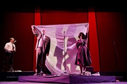 PAY NO ATTENTION TO THE SEX BEHIND THE CURTAIN!:  L.A. Theatre Work&rsquo;s production of The Graduate, adapted as a live radio play, incorporates visual as well as aural tricks to tell the story of Ben Braddock and Mrs. Robinson&mdash;played by Brian Tichnell and Heidi Dippold, pictured behind the bed sheet. In a simultaneous scene, Ben&rsquo;s parents&mdash;played by Tom Virtue and Diane Adair&mdash;hold the sheet aloft, oblivious. Darren Richardson plays the psychiatrist in the left hand corner. - PHOTO BY MATT PETIT