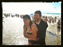 THE HAPPY COLD-PLE! :  Mr. and Mrs. Hafley emerge from the waters.