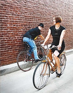 HEELS ON WHEELS :  Sophie Boban (right) is responsible for organizing a Bike Month fashion show and Paul Doering (left, mouth agape) will be constructing the catwalk - PHOTO BY MEGAN MASTACHE