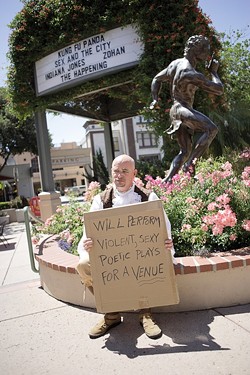 SHAKESPEARE OR BUST:  Festival participant and Arroyo Grande High School theater instructor Billy Houck illustrates the festival&rsquo;s homeless plight. - PHOTO BY STEVE E. MILLER