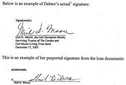 DISCREPANCY :  Gail Moore, the mother of embattled local agriculturalist Mark Moore, contends she didn&rsquo;t sign a $900,000 loan that bears her name. - IMAGE COURTESY OF UNITED STATES BANKRUPTCY COURT