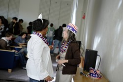 CAL POLY GETS A LESSON IN HISTORY :  Dr. Gloria Velasquez and Renoda Campell celebrate. - PHOTO BY STEVE E. MILLER