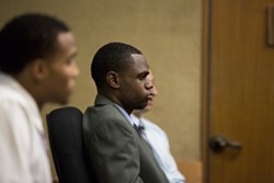 DAY(S) IN COURT:  Defendants (from left to right) Dominique Love, Cortland Fort, and Jake Brito, as well as Kristaan Ivory (not pictured), began their preliminary hearing in SLO Superior Court on Jan. 12. The hearing is expected to conclude on the afternoon of Jan. 15, at which time the presiding judge will decide if the case will move to trial. - PHOTO BY KAORI FUNAHASHI