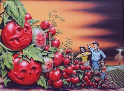 TOMATO DEATH MASK :  Larkins calls his art juxtaposed art and indeed mix things he does. Title: Bumper Crop in Denial Valley. - IMAGE COURTESY OF DENNIS LARKINS