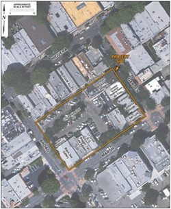 ONLY A SATELLITE WILL LOOK DOWN ON IT :  The proposed Garden Street Terraces project will take up the block bordered by Broad, Garden Alley, Garden, and Marsh streets. - IMAGE FROM DRAFT EIR REPORT