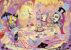 TEA TIME:  The absurdities of the Mad Hatter&rsquo;s tea party are ever present in Garcia&rsquo;s gothic depiction, Tea Party Spread. The quote &ldquo;Why is a raven like a writing desk?&rdquo; is etched into the background in bright purple and orange letters. A punk rock Alice looks positively bored. - IMAGE COURTESY OF CAMILLE ROSE GARCIA
