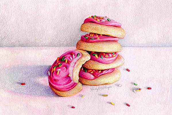 BET YA CAN’T HAVE JUST ONE To create mouth-watering renderings of food like Pink+Frosted+Sugar+Cookies, Kendyll Hillegas starts with a light pencil sketch to lay out proportions and composition, and then uses some mix of watercolor, colored pencil, marker, wax pastels, and gouache to gradually build up color and detail. - IMAGE COURTESY OF KENDYLL HILLEGAS