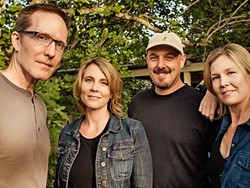 HOMETOWN GAL:  Inga Swearingen (second from left) and her band&mdash;Jeff Miley (left), Dylan Johnson (second from right), and Britta Swearingen&mdash;play an album release concert on Aug. 27 at the Clark Center. - PHOTO BY BARRY GOYETTE