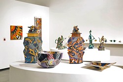 INTRICATE:  Ralph Bacerra&rsquo;s detailed and colorful pottery pieces take inspiration from Japanese pottery. His work, shown here on display at Otis College in Los Angeles, is currently showing at the SLO Museum of Art. - PHOTO COURTESY OF JO LAURIA