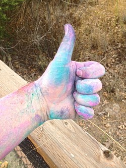 THUMBS UP:  Proceeds from the Run to Know More color run went to a good cause, the Santa Barbara North County Rape Crisis and Child Protection Center. - PHOTO BY CHRIS MCGUINNESS